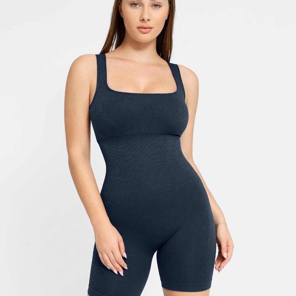 Popilush Ribbed navy blue Women's Bodysuit sz XL Shapewear Square Neck Tank Romp